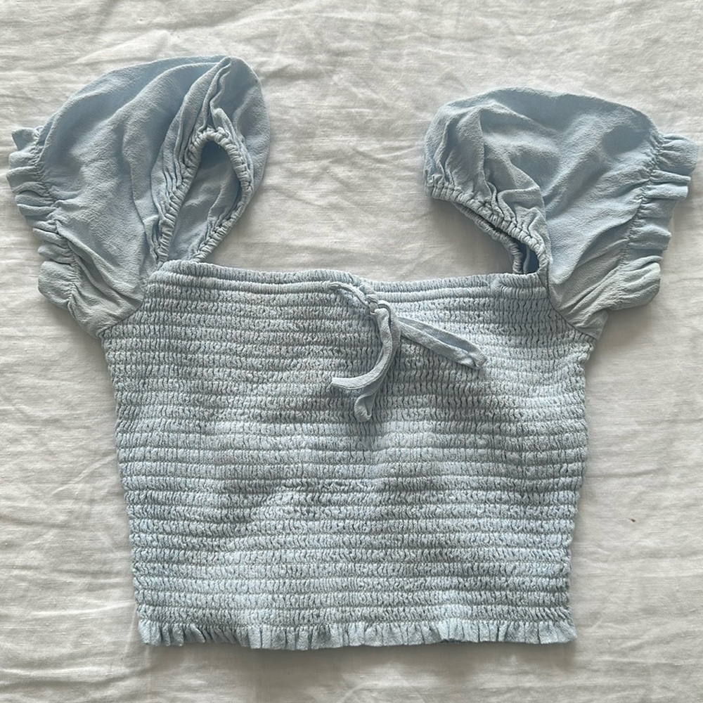 Aritzia Blue Smocked Crop Blouse with Cap Sleeves